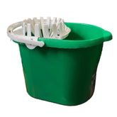 The Continental Food Store 14L Plastic Mop Bucket features a green design with a white wringer, ideal for mopping floors.